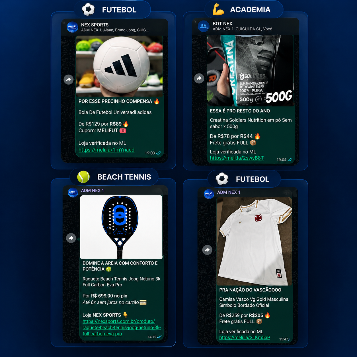 Quatro ofertas da NEX SPORTS no WhatsApp: bola Adidas, creatina Soldiers, raquete Joog e camisa Vasco